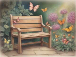 Tranquil Garden Scene with Butterflies and Wooden Bench