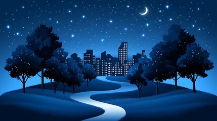 Serene nightscape with city skyline, winding path and celestial ambience