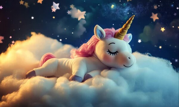 cute little unicorn sleeps on fluffy clouds surrounded by magical starry sky animation