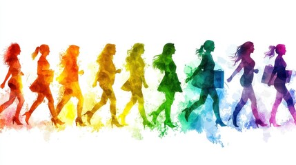 Colorful diverse women walking, rainbow silhouettes, city background, empowerment