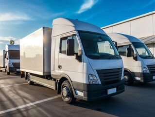 Naklejka premium Wide-angle shot, fleet of electric delivery trucks parked at a distribution center, workers loading packages, green energy logistics hub, eco-friendly transportation concept, electric truck delivery l