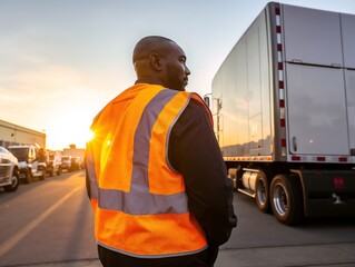 African American man wearing a safety vest looking at trucks during sunset