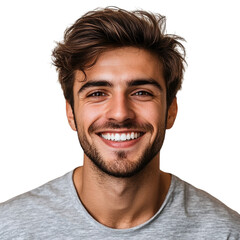 Fototapeta premium Handsome guy smiling with a happy face, cheerful and friendly expression, isolated on a white transparent background.
