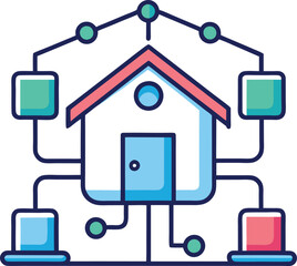 Smart Home System with Connected Devices, An illustration of a smart home system with interconnected devices, symbolizing home automation and modern technology.

