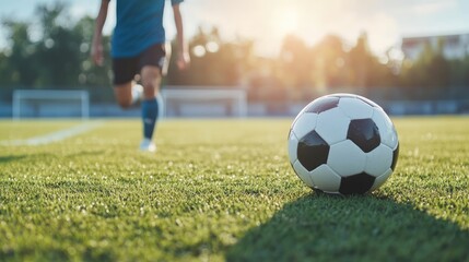 Soccer player kicking ball on field, sunny day