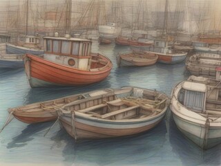 Obraz premium Tranquil Harbor Scene with Colorful Fishing Boats