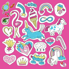 Cute unicorn and fairy elements colorful doodle set