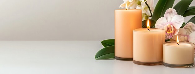 Candles arranged elegantly with flowers create a serene atmosphere in a soft-lit space for relaxation and tranquility