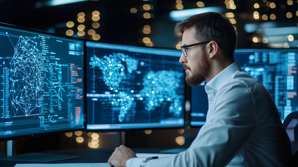 AI-Driven Business Intelligence Center with High-Resolution Displays