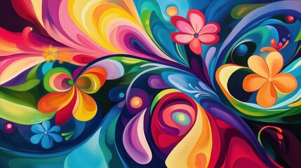 A vibrant abstract painting featuring swirling colors and floral shapes, creating a lively and cheerful atmosphere.