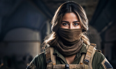 Jolie femme soldat en uniforme militaire dans un hangar sombre, espace libre pour texte, le bas du visage est masqué par un cache cou