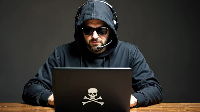 A hooded hacker with sunglasses uses a laptop with a skull sticker. Concept of: Cybercrime.