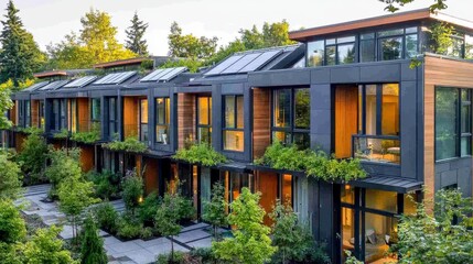 Modern Sustainable Townhouses with Green Roofs and Solar Panels