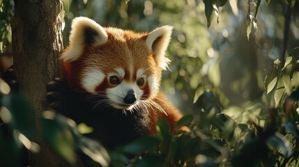 Red panda peering between lush foliage in a tranquil forest during golden hour, capturing wild beauty and serene atmosphere