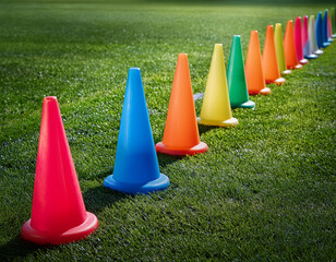 A line of brightly colored cones used for football training drills set on lush green grass in perfect alignment