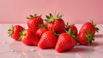 Fresh strawberries with dewdrops on reflective surface, vibrant appeal
