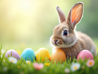 Fototapeta premium Adorable Bunny in a Blooming Meadow Surrounded by Vibrant Easter Eggs, Fresh Spring Flowers, and Lush Green Grass Under a Sunny Sky