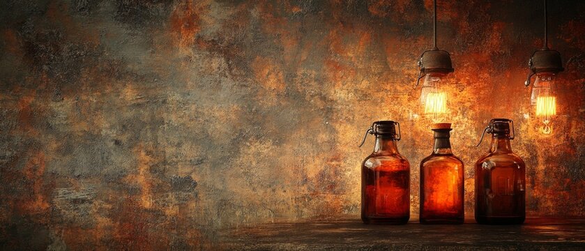Dark, textured background with three vintage bottles and pendant lamps creating a retro and nostalgic atmosphere. Suitable for interior design, advertising vintage goods, and as a background for blogs