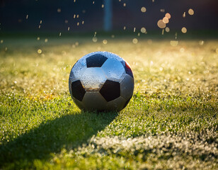 Fototapeta premium A football coated with raindrops placed on wet grass, reflecting bright floodlights during an evening match