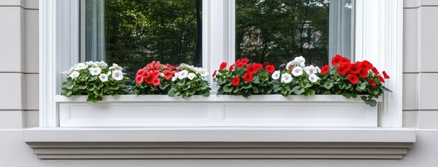 Vibrant and colorful flower boxes beautifully decorate the windowsills of a contemporary building, bringing life to the urban landscape in the delightful season of spring