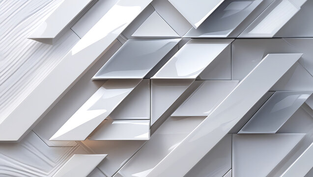 abstract white background with a textured surface featuring a subtle, elegant pattern. Layered geometric triangle shapes overlap, creating a modern and dynamic composition. Glossy white and grey squar