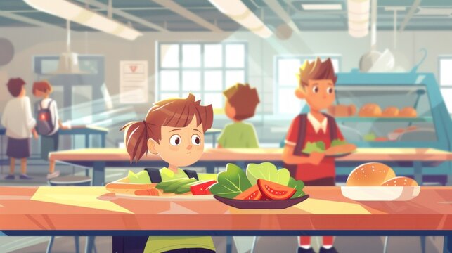 Fun animation of children in a school cafeteria enjoying lunch. Great for educational materials, children's books and healthy eating blogs.