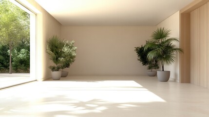 Fototapeta premium Empty beige living room with patio view