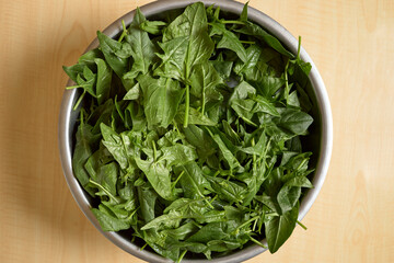 Fresh spinach leaves in a stainless steel bowl