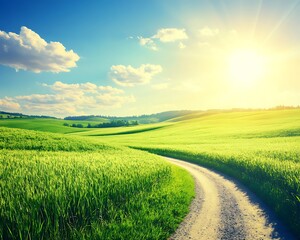 Fototapeta premium Sunlit Countryside Path Through Green Fields.