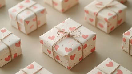 Numerous Pink Heart Patterned Gifts on Beige Background