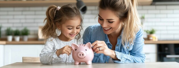 A mother and her daughter share a delightful moment in their bright kitchen, joyfully adding coins to a piggy bank and enjoying their savings journey together
