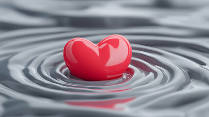 Red Heart in Grey Liquid Ripples Abstract Background