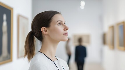 Woman lost in thought while observing art in a gallery during the day