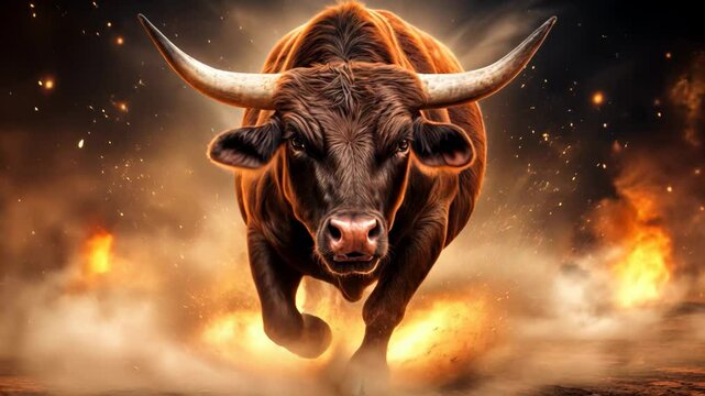 Running bull charges through flames creating a dramatic and intense atmosphere
