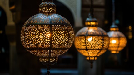 Ornate Metal Lanterns Illuminating a Beautifully Designed Space with Intricate Patterns Creating a Warm Ambiance