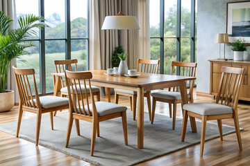 Obraz premium A dining table with chairs and a table with chairs arranged elegantly in a modern and cozy space 