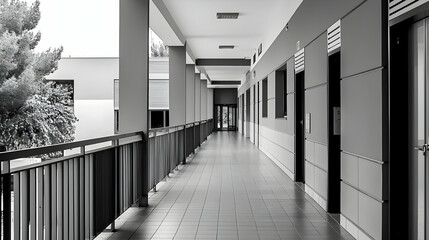 Long Monochromatic Corridor With Balcony Railing Doors Windows And Geometric Patterned Floor