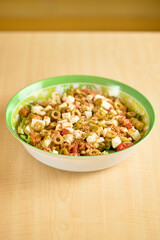 Mediterranean pasta salad with feta cheese and olives