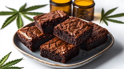 A close-up shot reveals several delicious chocolate brownies arranged on a gray plate, garnished with fresh marijuana leaves and accompanied by small amber jars suggesting