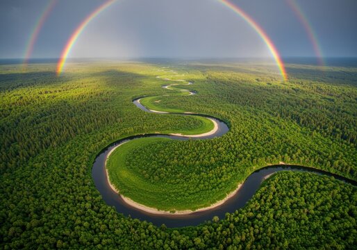 Aerial view of winding river through green forest with a double rainbow in the sky above scene - Powered by Adobe