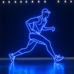 Naklejka premium Neon Silhouette Runner on Reflective Stage.