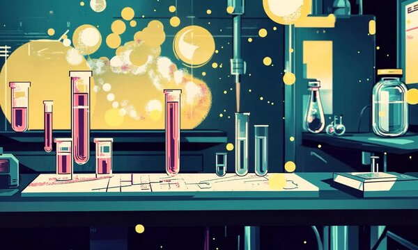 Colorful laboratory scene with test tubes and beakers, showcasing scientific experimentation and innovation