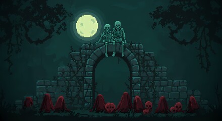 A pixel art image of two skeletons sitting atop a stone arch under a full moon at night. Below the arch, there are red-robed figures and skulls on the ground. The scene is mysterious and eerie, with a