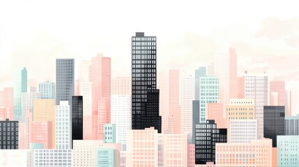 Fototapeta premium Pastel Cityscape Minimalist Skyscraper Illustration in Soft Pink, Peach, and Gray Tones