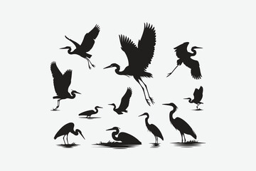This collection of heron silhouettes showcases the birds in various activities such as flying, fishing, and resting. Designed in a minimalist black and white style