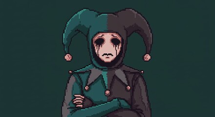 The image depicts a clown or jester character with a sad expression and dark, teary eyes. The character is wearing a two-pointed hat and a two-colored costume. The background is a solid dark green. Th