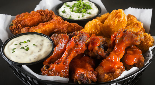Deliciosas asas de frango frito sendo seguradas com molhos em uma cesta, perfeitas para compartilhar ou saborear um lanche saboroso. Delicie-se com saborosas asas de frango frito com uma variedade 
