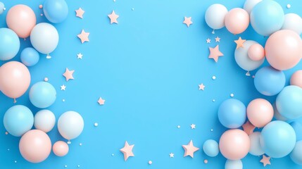 Pastel Pink and Blue Balloons and Stars on Light Blue Background