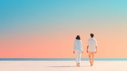 Fototapeta premium Couple's Coastal Stroll: A romantic couple walks hand-in-hand on the beach toward the ocean, the setting sun painting the sky with vibrant hues