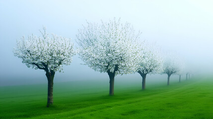 Delicate white blossoms adorn cherry trees in a peaceful green field enveloped by morning mist